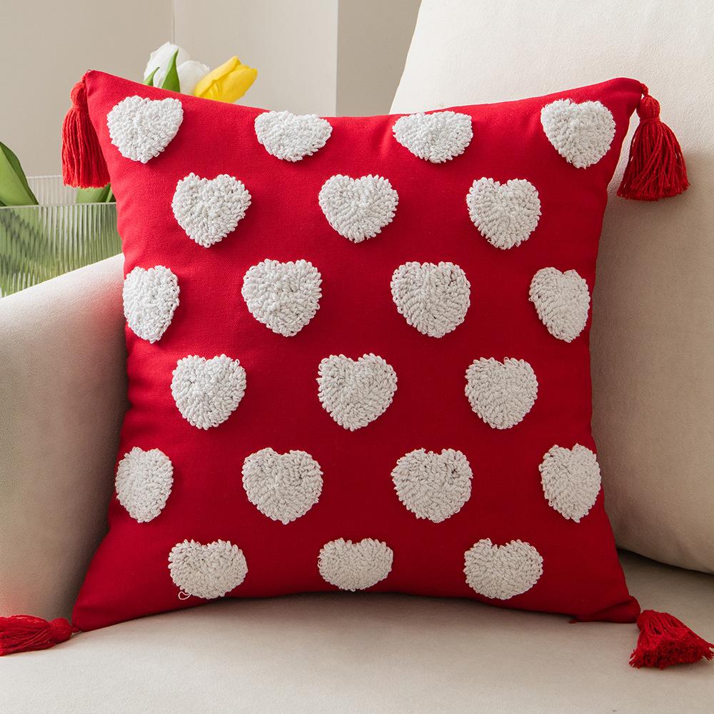Valentine's Day Embroidered Heart-Shaped Pillow Cover Cojines Cute Tufted Tassel Throw Cushion Cover Headboard Pillowcases