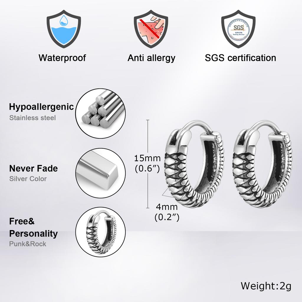Vnox Vintage Snake Textured Hoop Earrings, Retro Punk Rock Mens Boys Small Hoops, Anti Allergy Stainless Steel Metal Brincos