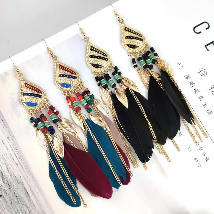 Bohemian Retro Tassel Water Drop Feather Earrings In Ethnic Style