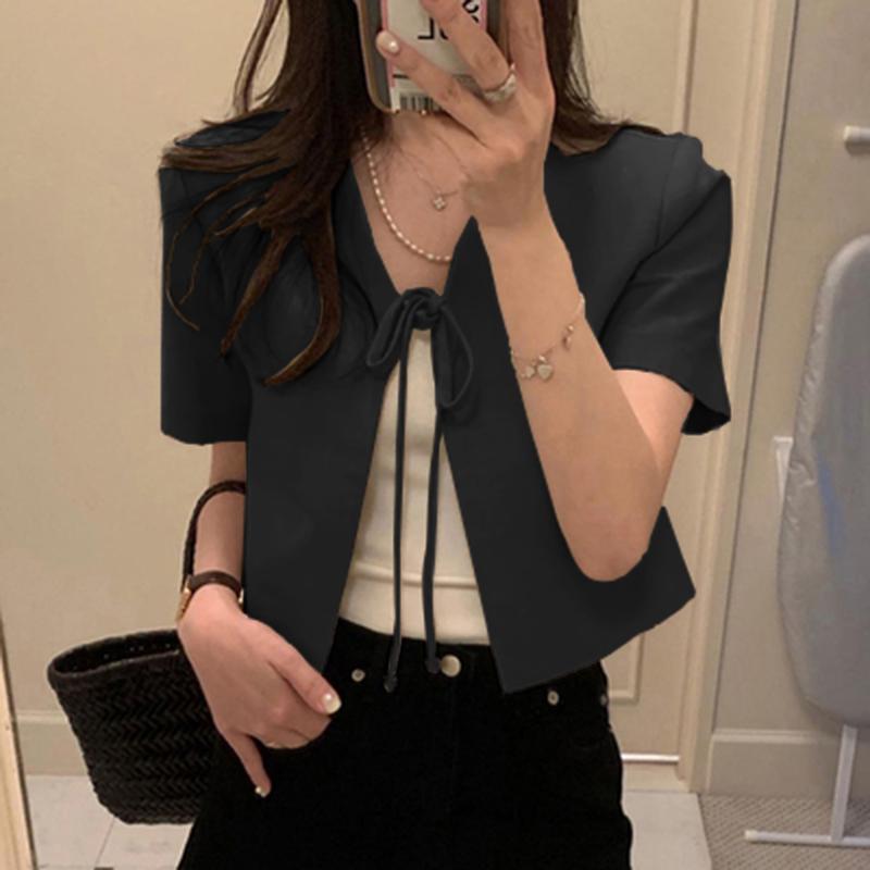 ZANZEA Women Casual V-Neck Short Sleeve Lace Up Cardigan Blouse