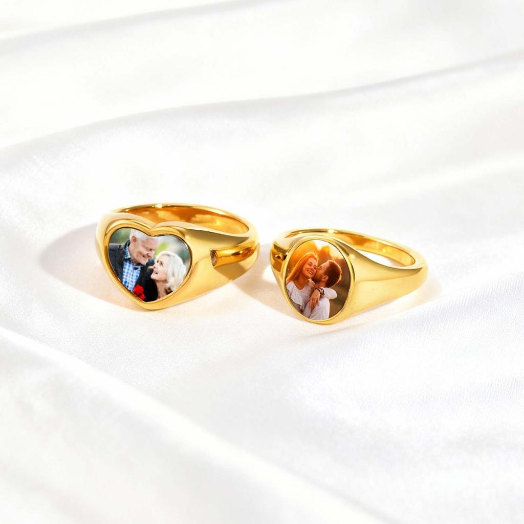 Stainless Steel Custom Photo Ring Gold Plated Heart Round Personalized Ring, Customized Memorial Jewelry for Women Mother Couple