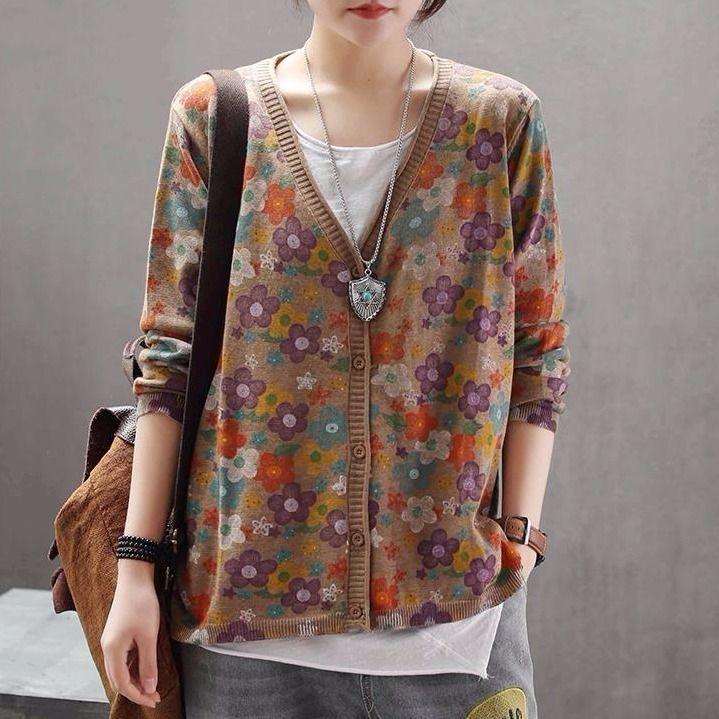 Female Floral Cardigans Winter V Neck Sweater Women Autumn Button Long Sleeve Warm Casual Ladies Knitted