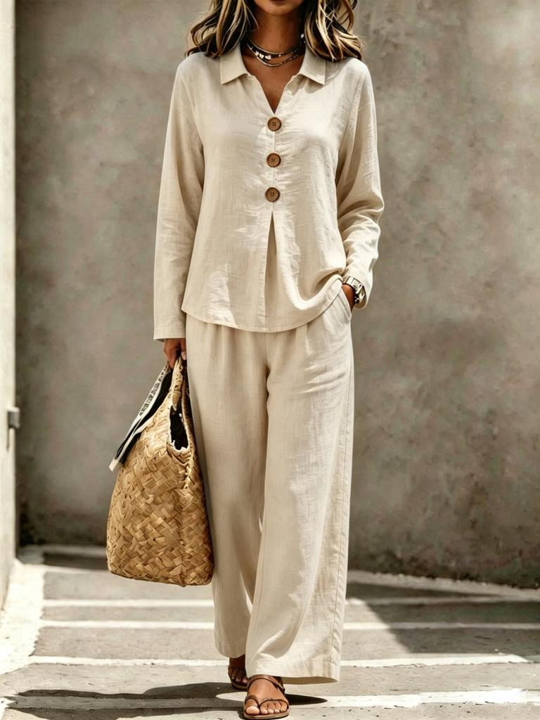 1116 Europäische und amerikanische Damen neue Mode lässig Knopf Polokragen Langarm Hose zweiteiliges Set