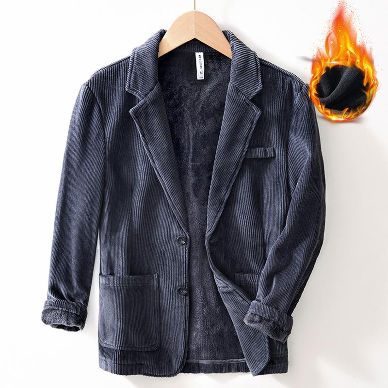 Warmer Mantel für Herbst und Winter für Herren, britische Anzüge und Blazer, Cord-Fleecejacke, einfarbig, einfacher Stil, dicke Jacken