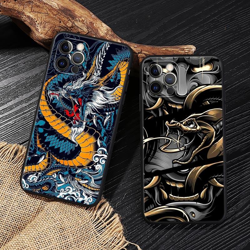 Japan Oni Samurai Yokai Mask Dragon Art Black Cover For Apple iPhone 15 13 14 12 11 Pro Max Mini XS 6 7 8 Plus Cases Soft Fundas