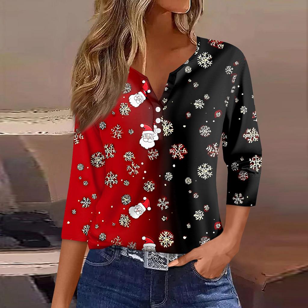 Women's T Shirt Tee Christmas Printed Button 3/4 Sleeve Tunic Daily Weekend Fashion Basic V- Neck Regular Top