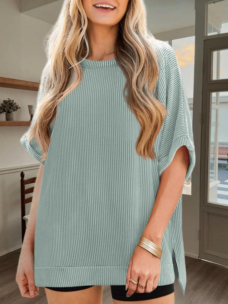 Womens Ribbed Batwing T Shirt Short Sleeve Loose Fit Summer Tunic Top