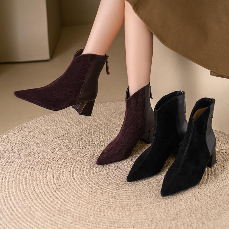 Fashion 2024 New Autumn Sheep Suede Women Boots Pointed Toe Chunky Heel Boots for Women Winter Short Boots Genuine Leather Ladies Shoes