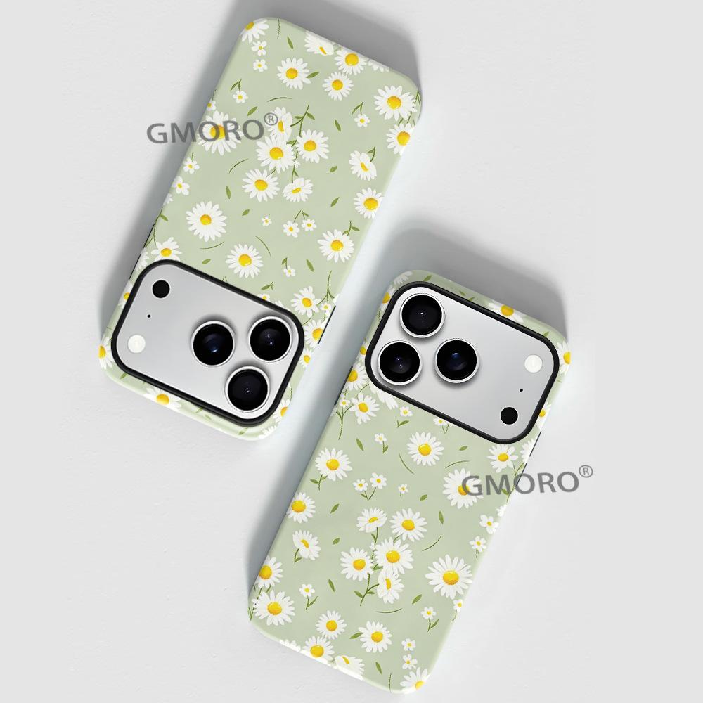 Light green small daisy floral mobile phone case iPhone14promax double-layer film case Apple 17 magnetic case 15