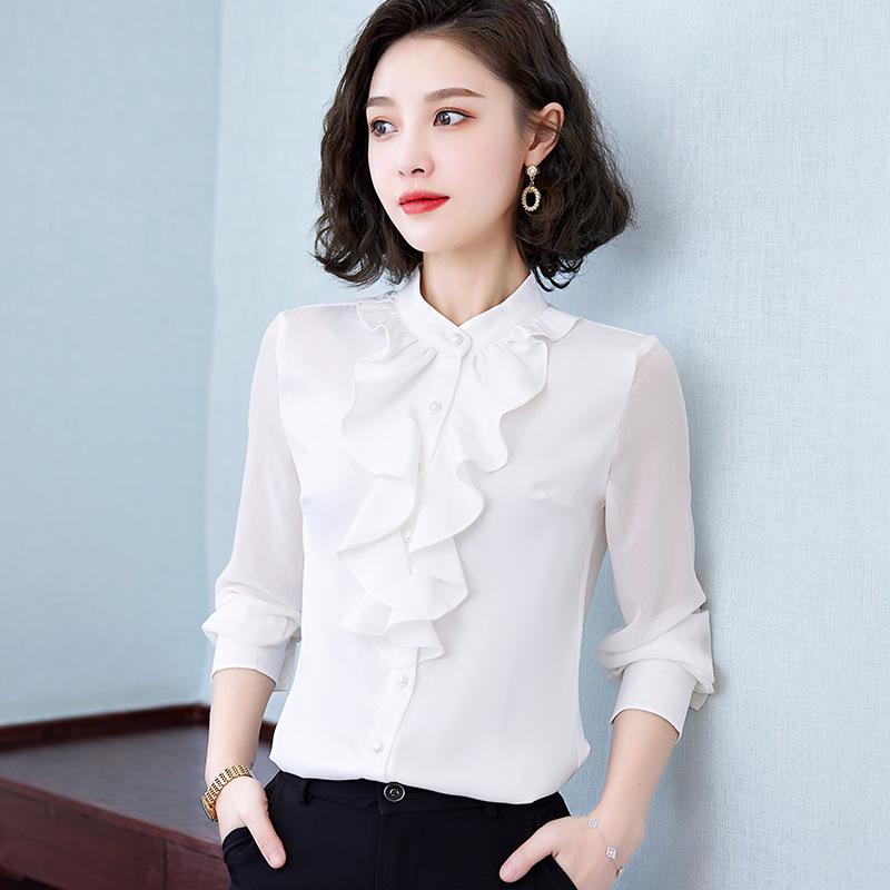 Women's Ruffled Chiffon Long Sleeve Shirt - Spring/Autumn Western Style Top