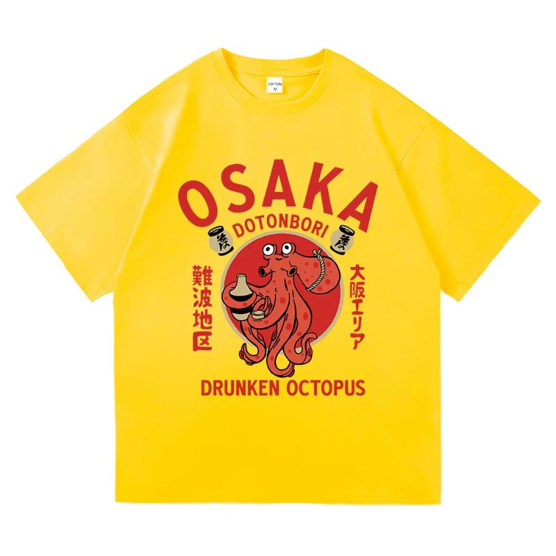 Funny Osaka Dotonbori T Shirt Fashion Men/Women Retro Takoyaki Osaka Drunken Octopus T-Shirt Unisex Vintage Cotton Tees Shirts