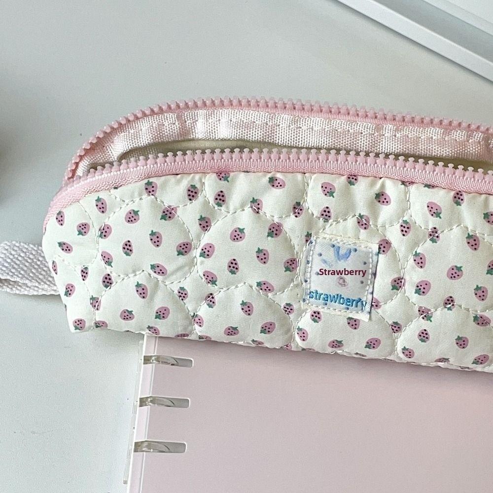 Pink Strawberry Print Stationery Bag with Strawberry Pendant Cosmetic Storage Bag Students Gift