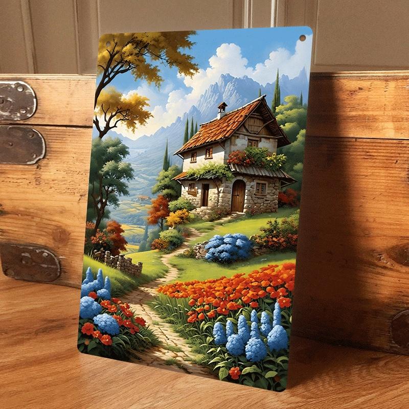 

1 piece of rustic country cottage tin painting plaque, living room/entrance hall wall decoration, European retro landscape home (as the picture,20x30cm)