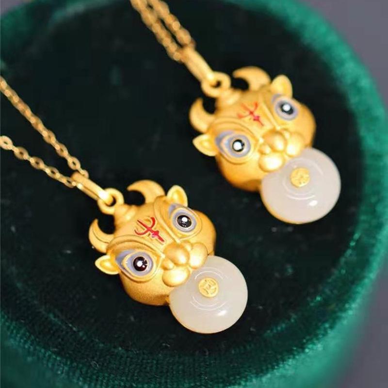 Turn the Tide Ox Pendant: Hetian Jade Inlaid Painted Ox Head with Cloisonné Enamel.