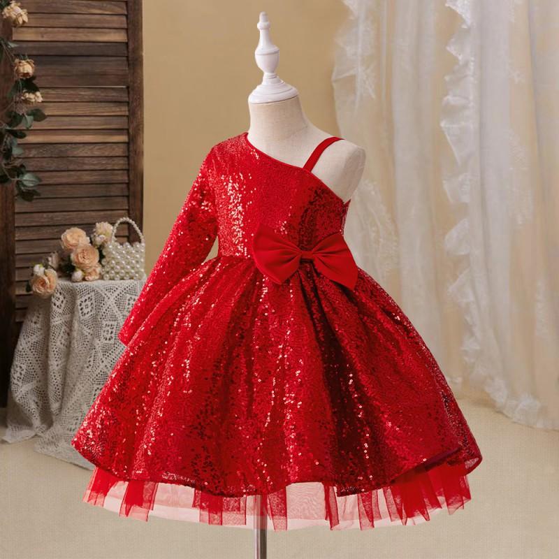 Girls Sequin Princess Dress Red Kids Performance Host Violin Piano