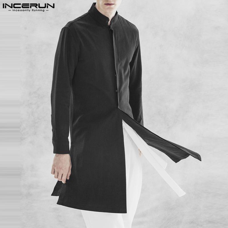 INCERUN Vintage Men Long Sleeve Solid Color Button Up Stand Collar Long Shirts
