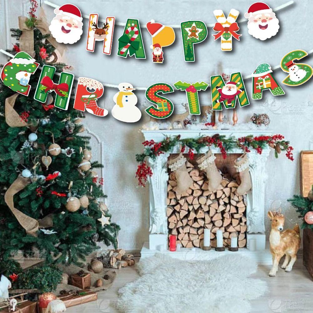 Paper Christmas Tree Elk Banner Santa Claus Christmas Door Hanging Banner  New Year