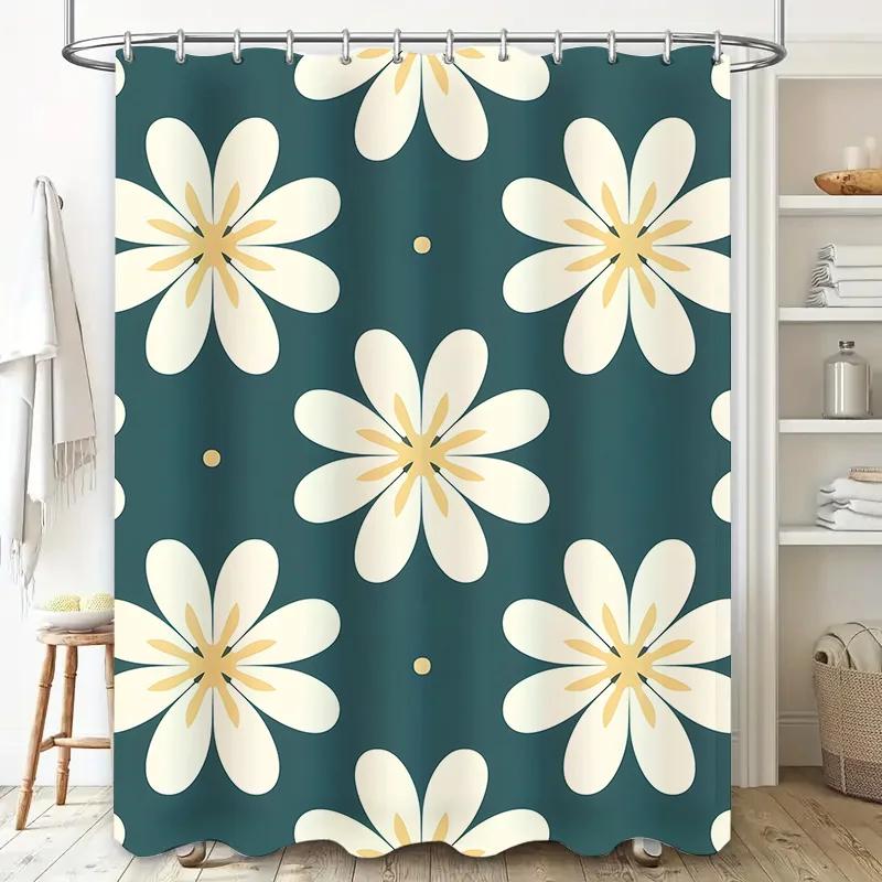 Contemporary Floral Print Shower Curtain 180x240cm Green Bath Decor Waterproof Fabric with Hooks for Bathroom Interior Design