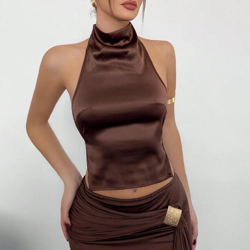 European and American Sexy Backless Hanging Neck Slim Fit Solid Color Off Shoulder Vest