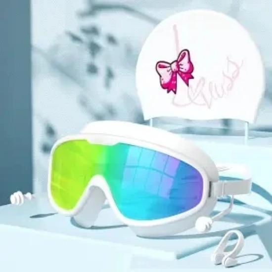 Swimming Goggles Waterproof Anti-fog HD Professional Women Large Frame Swimming Goggles Diving Swim Cap Set Equipment Bow