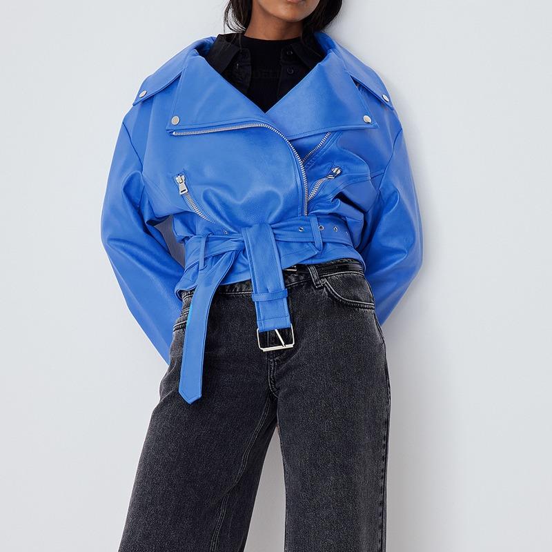 Γυναικείο Μονόχρωμο Φθινοπωρινό Χειμωνιάτικο Δερμάτινο Μπουφάν Punk Κοντό με Ζώνη Πετάκι Μπουφάν Γυναικείο Φερμουάρ Ρετρό Μοτοσικλετιστικό Μπουφάν