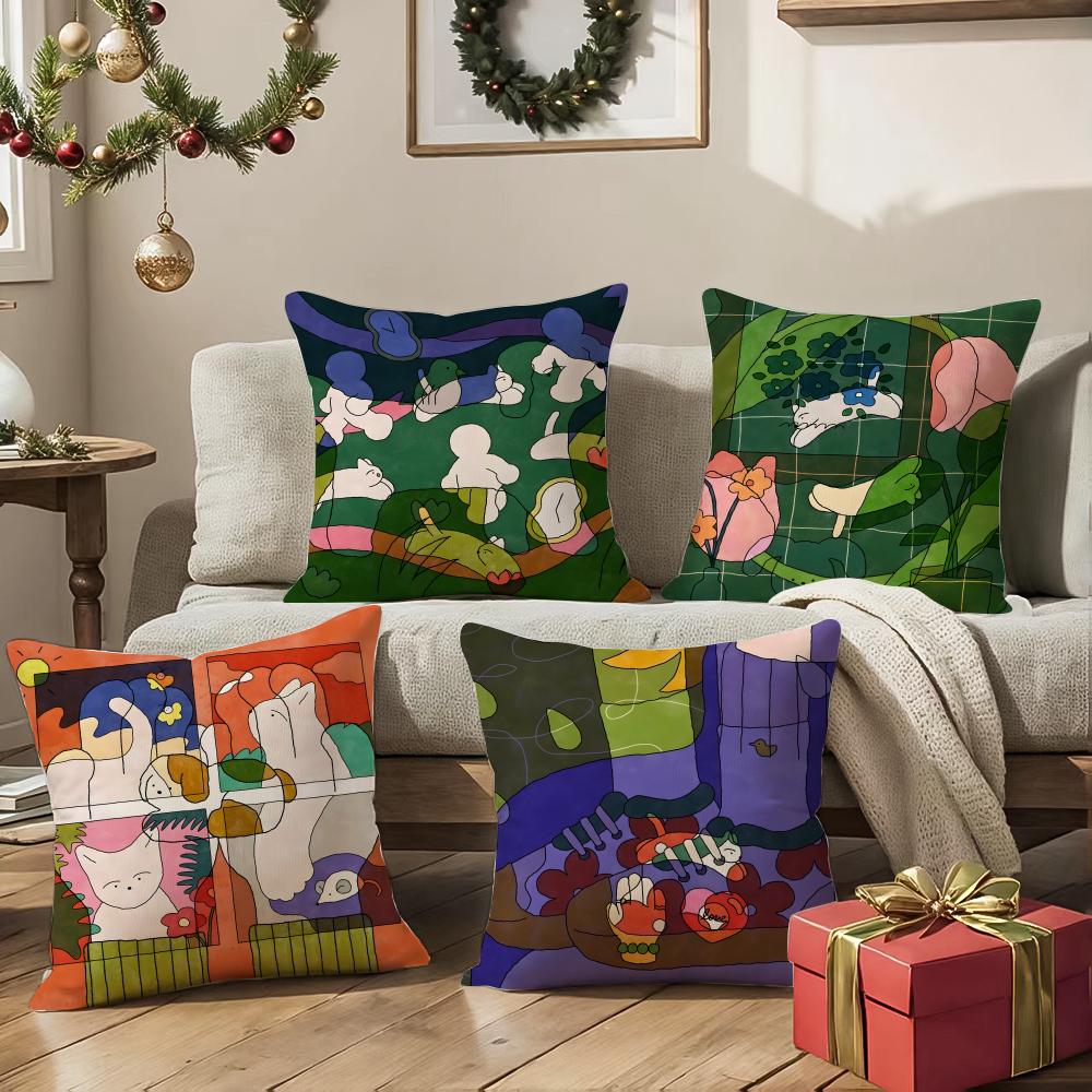 Heartwarming Illustrations Cushion Cover Pattern Printed Pillowcase For Living Room Sofa Cushion Cover & Bedroom Decor
