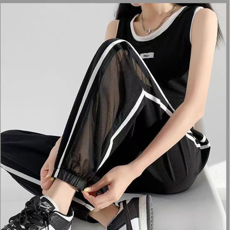 2024 Summer Loose Casual Sports Style Drawstring Elastic Waist Color Blocking Mesh Patchwork Ankle Tied Harlan Pants for Women