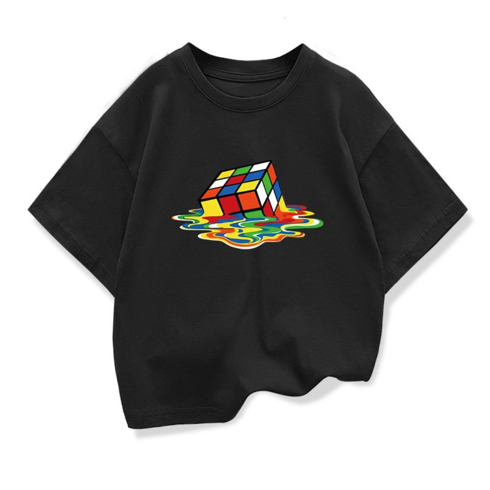 Summer Kids T-Shirt Pure Rubik's Cube Print Round Neck Boys Girls Short Sleeve Casual Cool Hip-Hop Short Sleeve T-Shirt