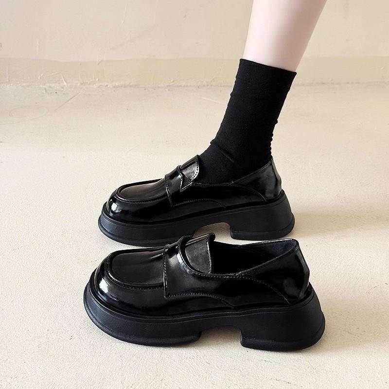 Cowhide Version~ Thick-soled Heightened Loafers, Women's British Style Small Leather Shoes, One Pedal, Genuine Leather, Black Thick Heel Jk Single Sho