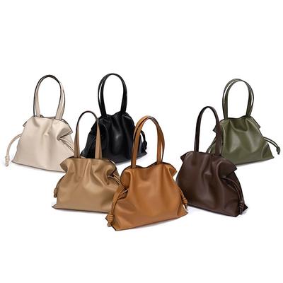 Bolso Minimalista de Moda Coreana Nueva de Cuero Vacuno Nicho Cuero Genuino Bolso de Mujer Bolso Plisado Bolso de Hombro Bolso Tote con Cordón Grande