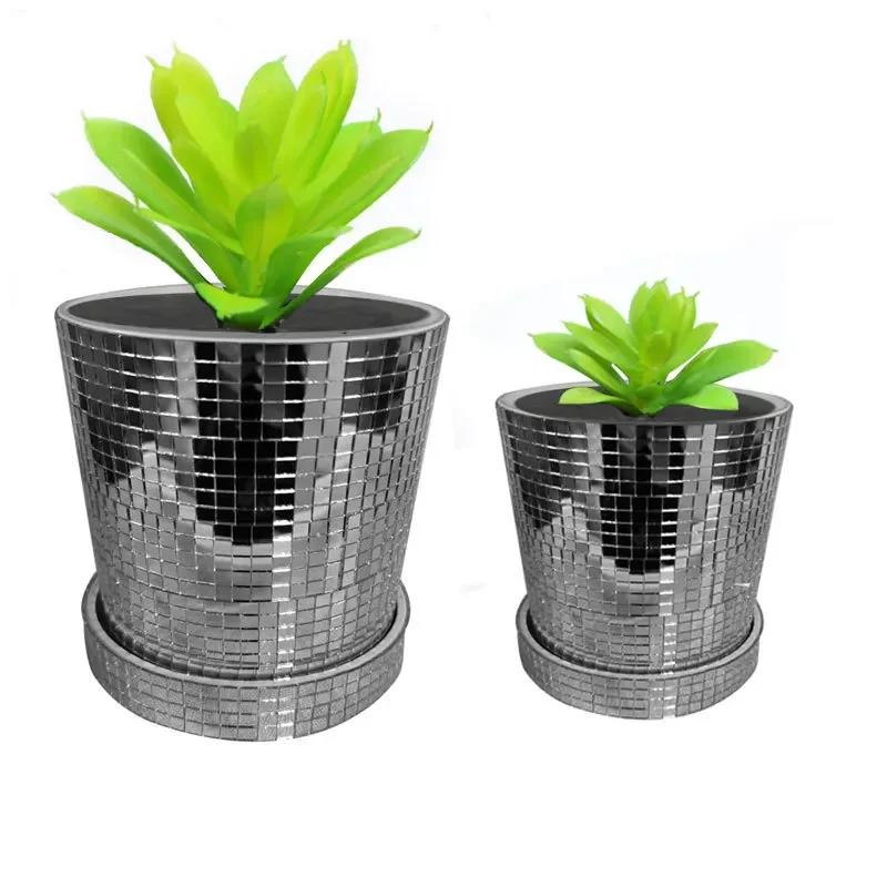 Disco Ball Planter Pot with Drainage Hole Ceramics Mirror Disco Ball Vase Plant Pot Flower Pot Flat Base Mirror Disco Ball Vase