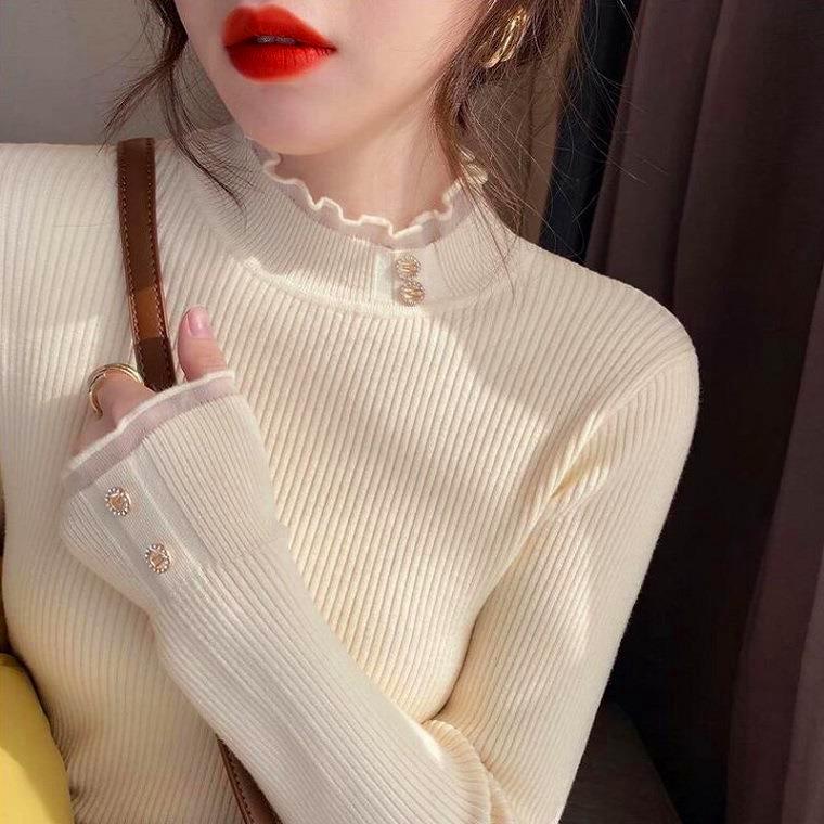 

Женский базовый слой с полувысоким воротом, осенний новый вязаный топ облегающего кроя, универсальный свитер с кружевной отделкой One Size абрикосовый