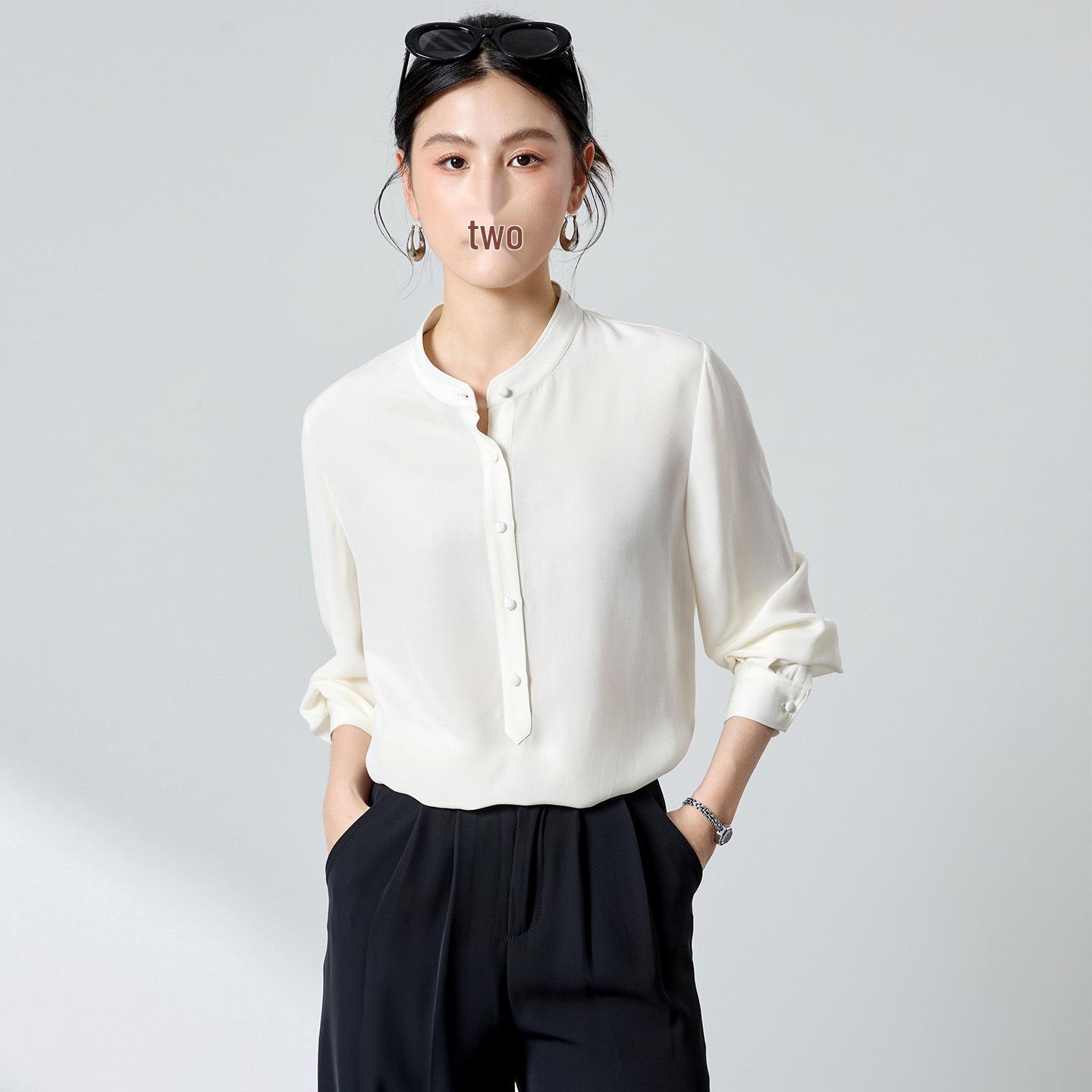 

Ink Wash Spring Commuter Shirt: 23 Momme Silk Viscose Heavy Crepe, Stand Collar, Drapey Slimming Fit L белый