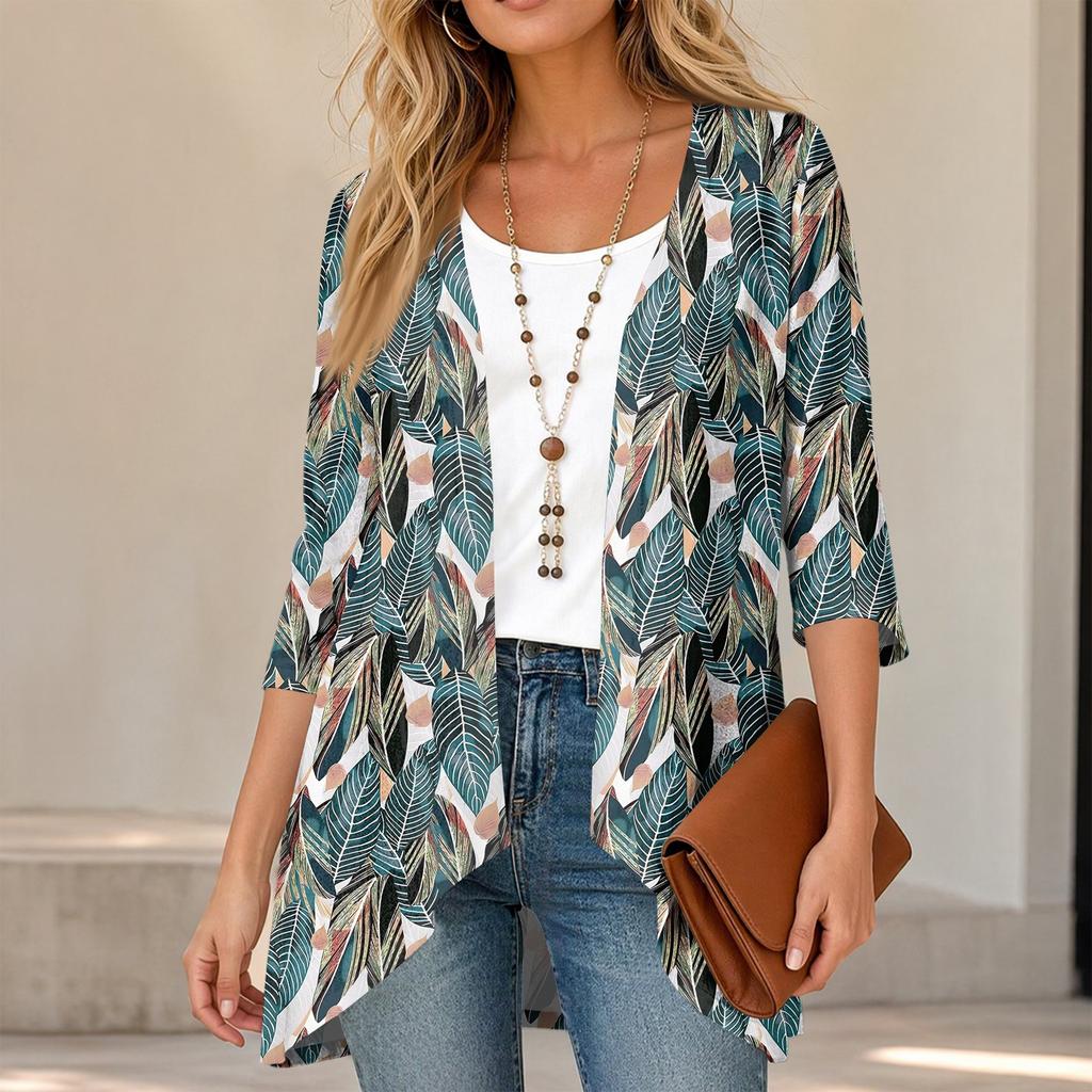 Women's Vintage Floral Print Three-Quarter Sleeve Lightweight Cardigan for Casual Daily Wear