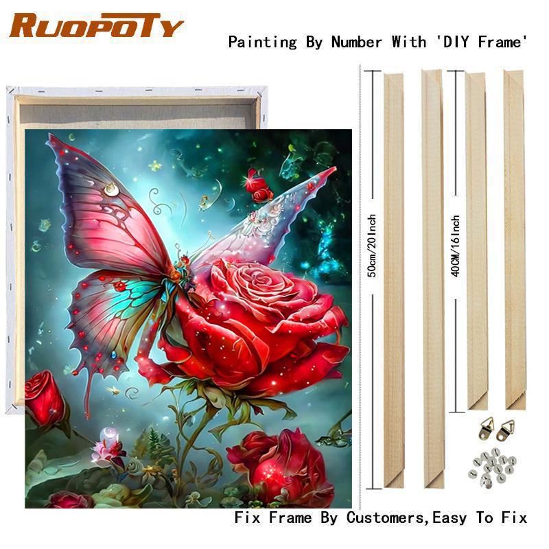 Frame Butterfly Painting By Numbers For Adults Kits Rose Flowers Picture Paint By Numbers Starter Kit For Home Wall Art 40x50cm
