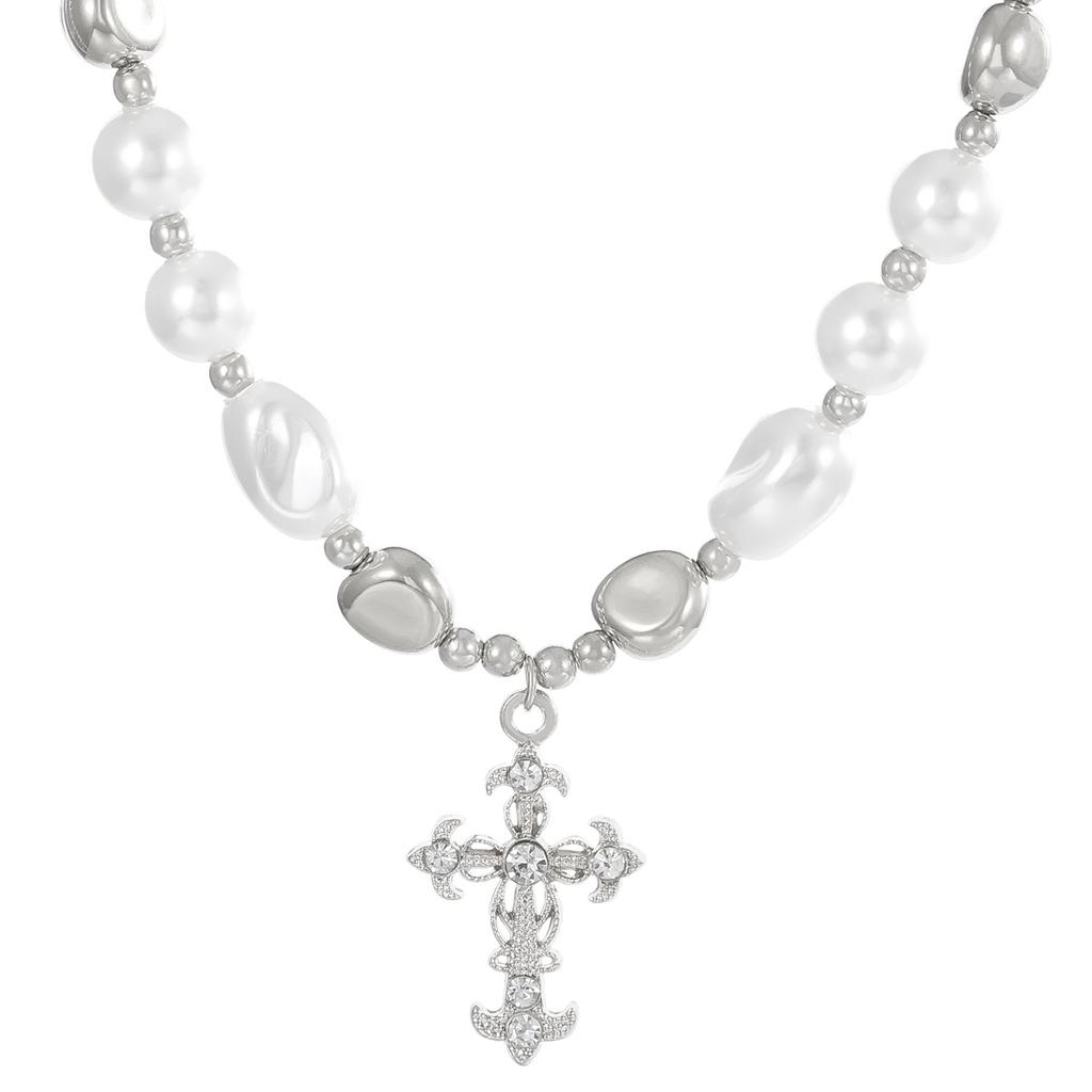 Full Diamond Cross Pearl Necklace ISN Style Hip Hop Niche Personality Punk Summer New Accessories