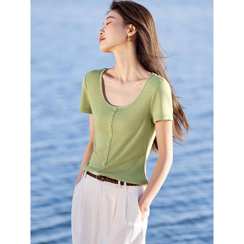 

Women s Square Neck Elastic Knit Short Sleeve T-Shirt M
