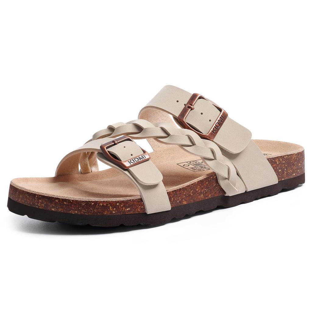 Fashion Comwarm Women's Cork Footbed Sandals With Arch Support Summer Women Cork Slippers Slip-On Slide Sandals With Adjustable Buckle