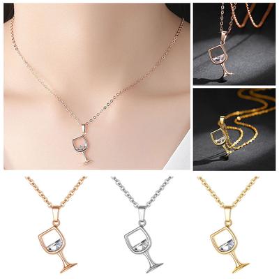 Women Wine Glass Pendant Zirconia Long Chain Necklace Jewelry  Gift
