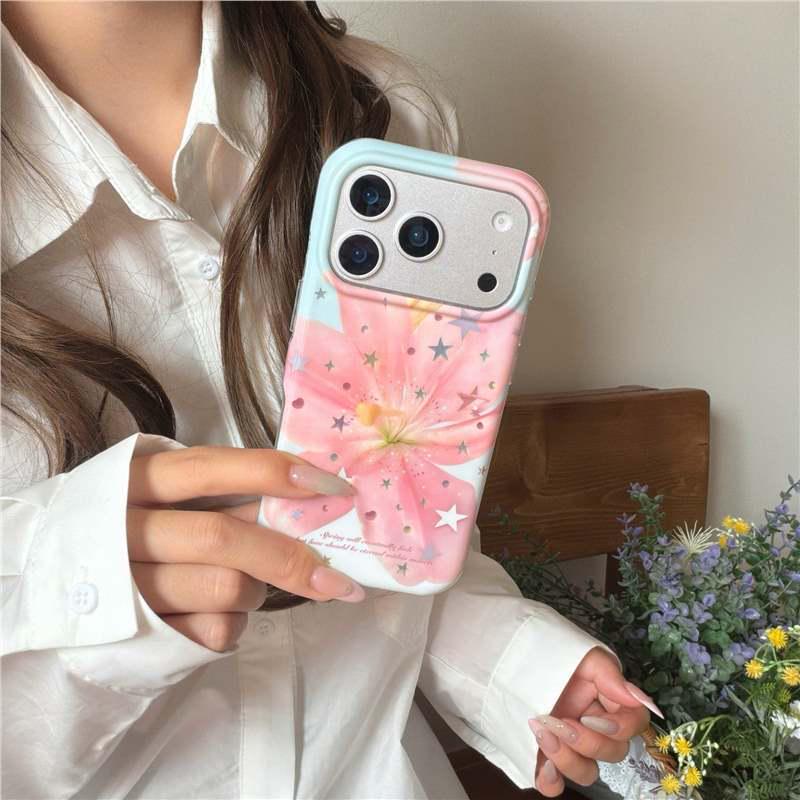 Korean Style Star Powder Lily Flower Phone Case for iPhone 17 Pro Max - Heart Design, Anti-drop, Suitable for iPhone 14, 15, and Apple 16.
