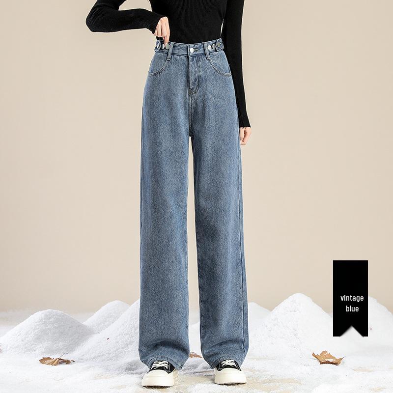 Women's High-Waisted Fleece-Lined Jeans: Thick, Light-Colored, Straight-Leg, Slimming Wide-Leg, Dark Blue for Autumn/Winter 2025.