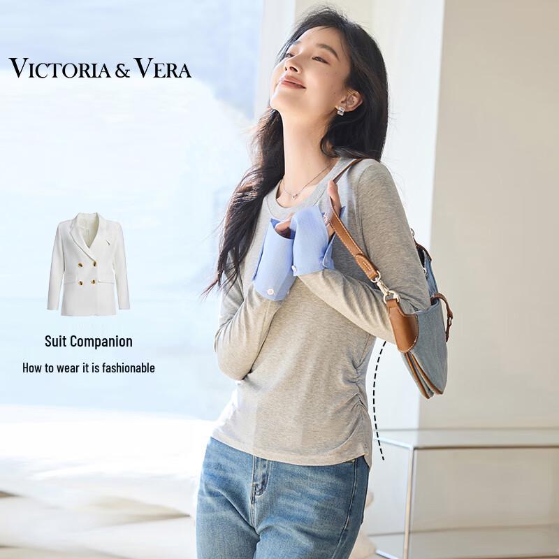 VICTORIA&VERA Women's Spliced Sleeve Round Neck Base Layer Top