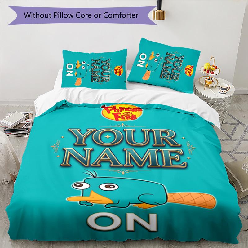 3-dielna súprava obliečok Phineas a Ferb - Personalizované meno, HD potlačené posteľné prádlo s 1 obliečkou na paplón a 2 obliečkami na vankúše - Ideálne pre domácu dekoráciu, Jednoduchá údržba