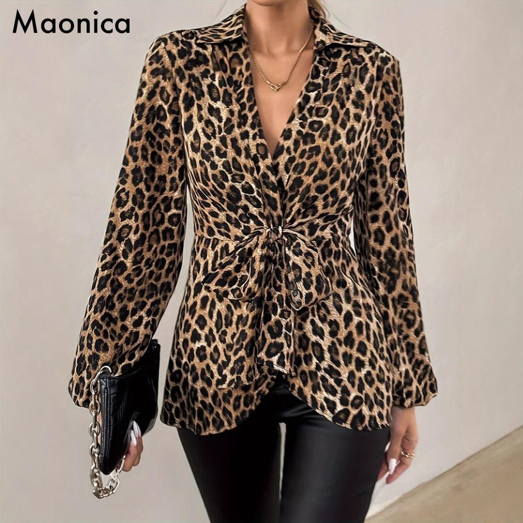Women's Long-Sleeved Top New Spring Style Leopard Print Shirt V-Neck Elegant Long-Sleeved Blouse