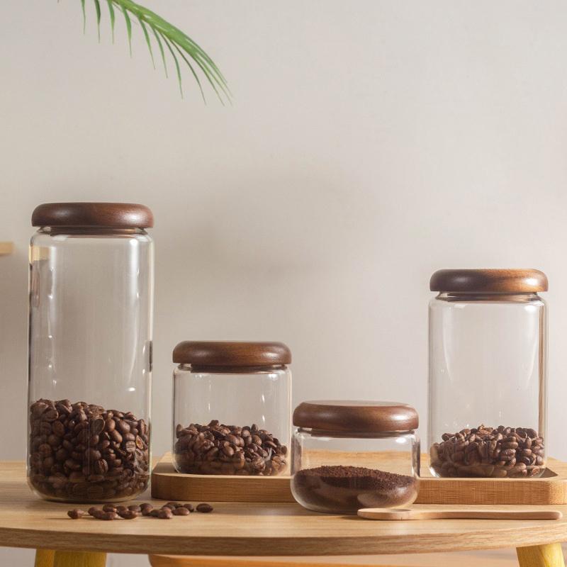 1Pcs Wooden Cover Coffee Beans Vacuum Sealed Tank Transparent Glass Food Storage Jars Household Moisture-Proof Container