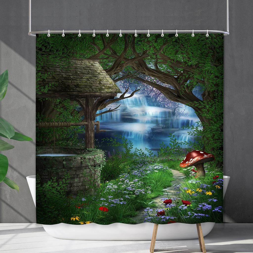 Bathroom Waterproof Curtain Digital Printing Plant Mushroom Shower Curtain Non-Punching Toilet Partition Curtain Shower Cloth