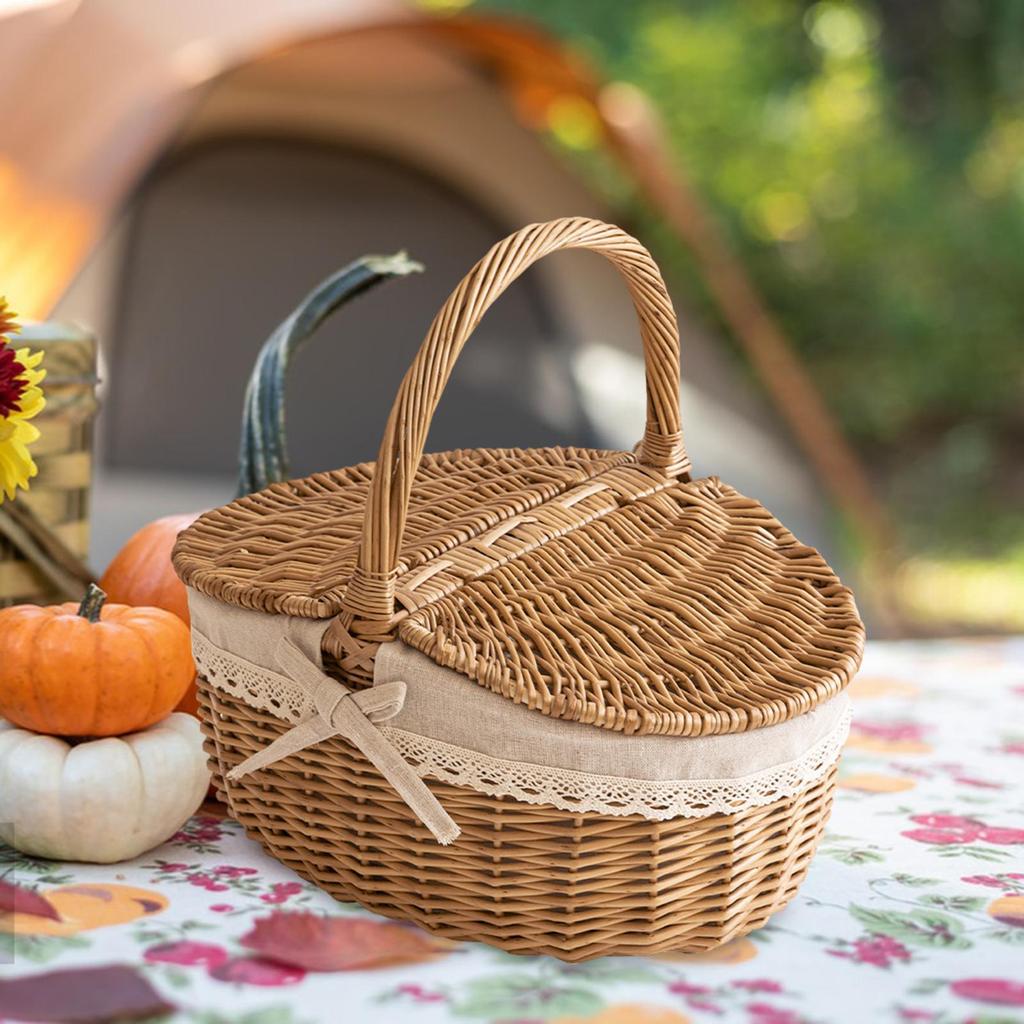 Wicker Picnic Basket with Lid and Handle Sturdy Woven Body with Washable Lining for Easter,Mother's Day,Outdoor Camping