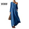 Retro Style Dress Summer Maxi for Women, Casual Loose One Shoulder Long Everyday Wear Sleeve Dress, Flowy Beach Vacation Sundress wwith Pockets Simple