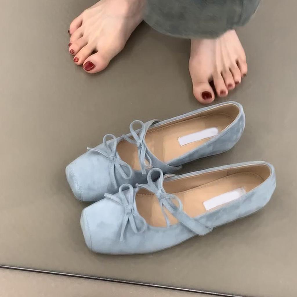 Sheepskin version~ Square head bow ballet shoes Gentle French inner height increase Mary Jane shoes Evening wind shallow mouth single shoes