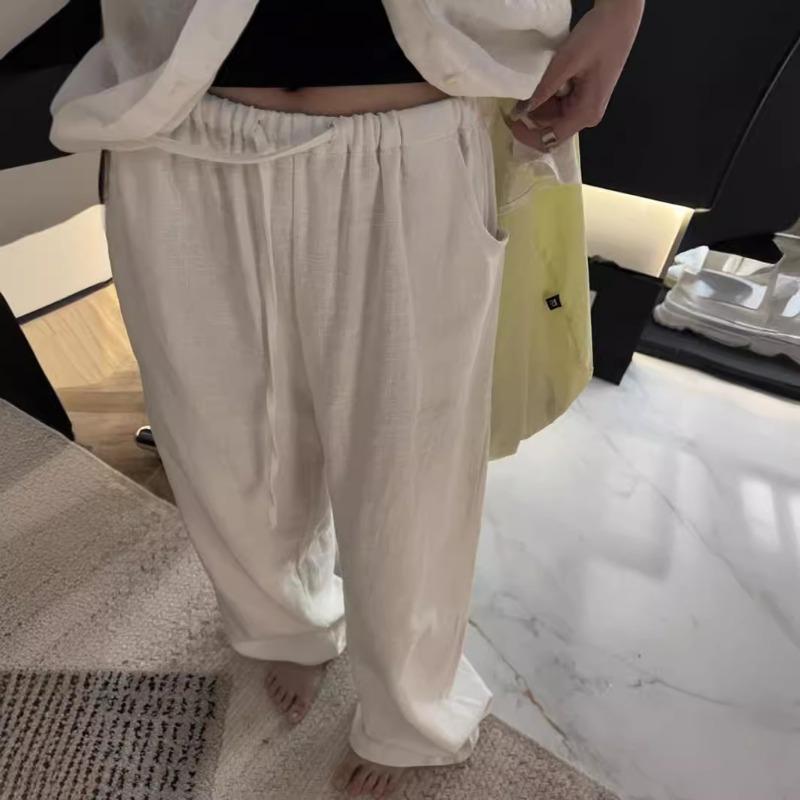 Women High Waist Thin Loose Solid Wide Leg Casual Long Pants S белый